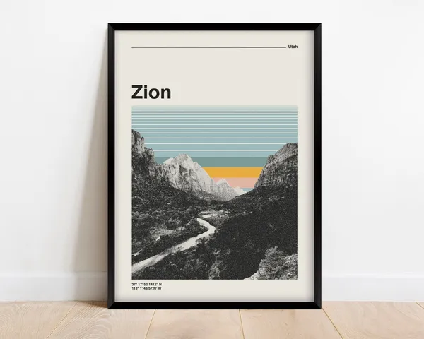 Zion National Park Retro Travel Poster, Utah Mountains
