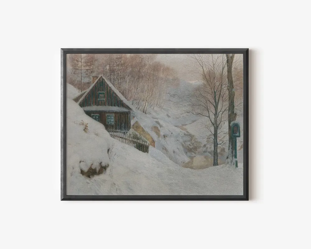 Snowy Cabin Painting, Winter Wall Art - Image 2