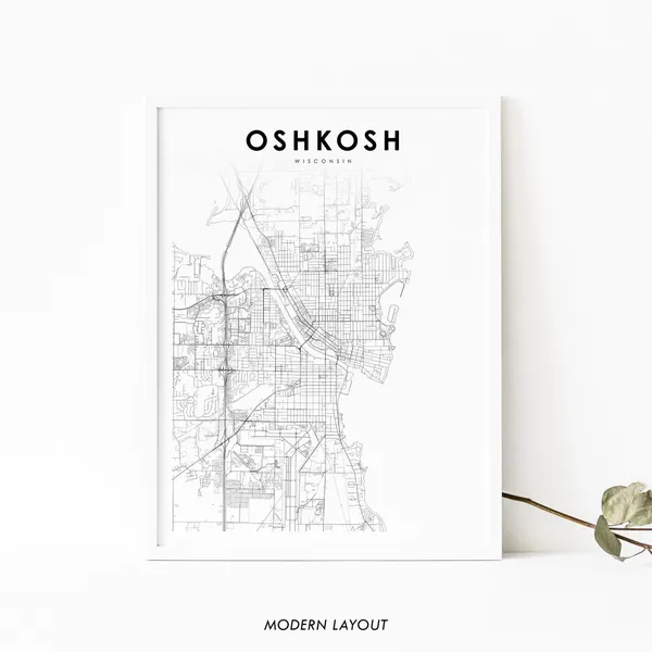 Oshkosh WI Map Print, Wisconsin Street Map Poster