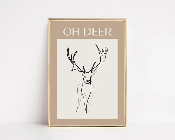 Neutral Christmas Deer Wall Art, Boho Line Art Print
