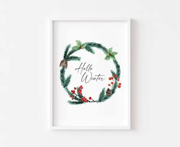Hello Winter Wreath Watercolour Christmas Art Print