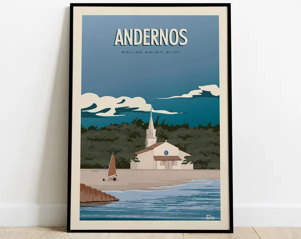 Andernos Vintage Travel Poster, Eglise Saint Eloi