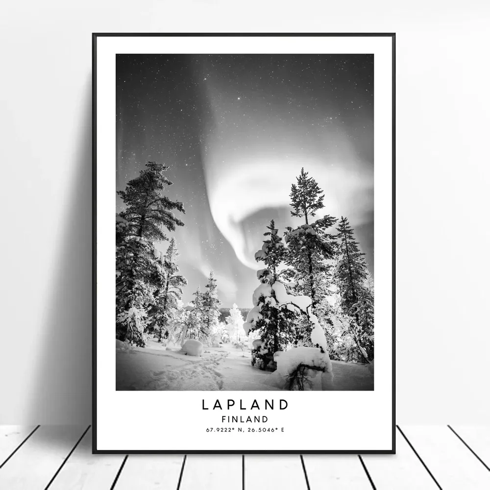 Lapland Travel Poster, Northern Lights Aurora Art Print