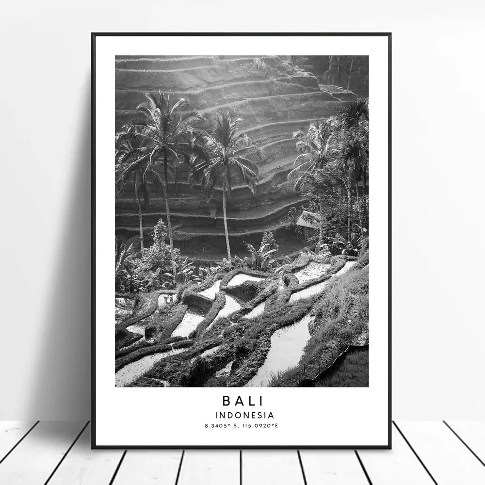 Bali Tegallalang Rice Terrace, Black and White Travel Poster