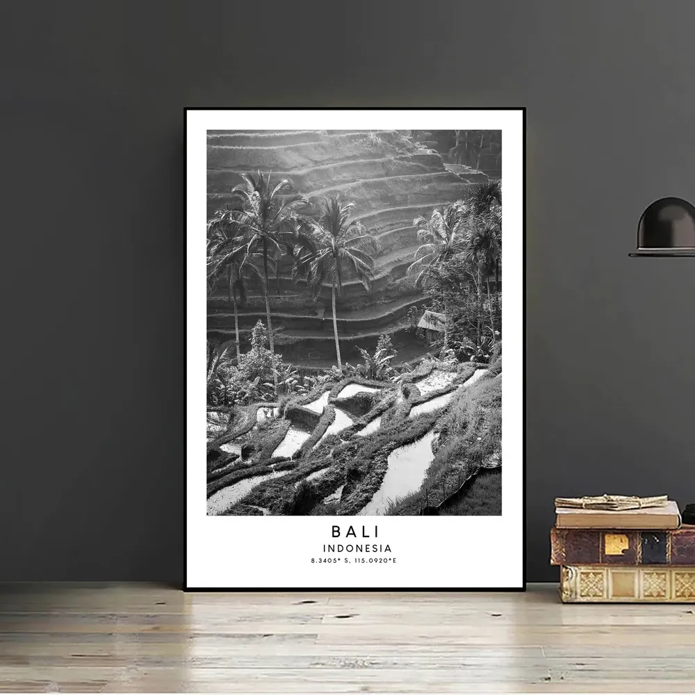 Bali Tegallalang Rice Terrace, Black and White Travel Poster - Image 2
