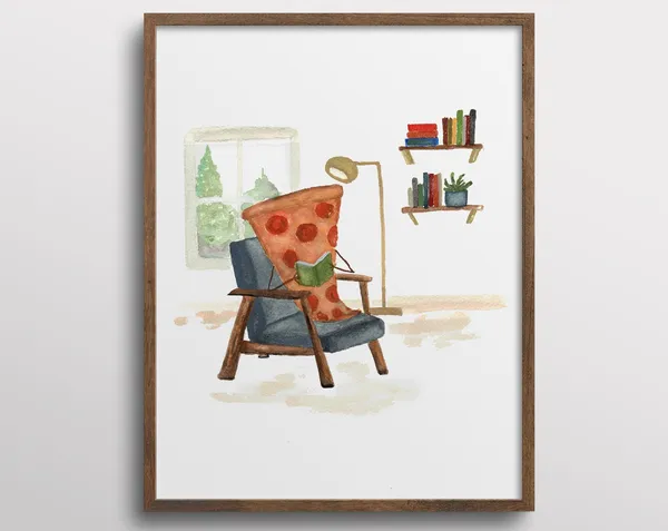 Whimsical Pizza Reading a Book in Library Nook, Art Print