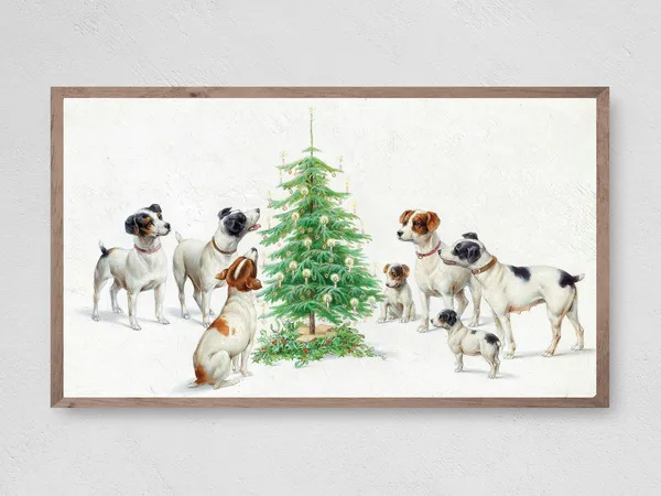 Pups By The Christmas Tree Art Print, Christmas