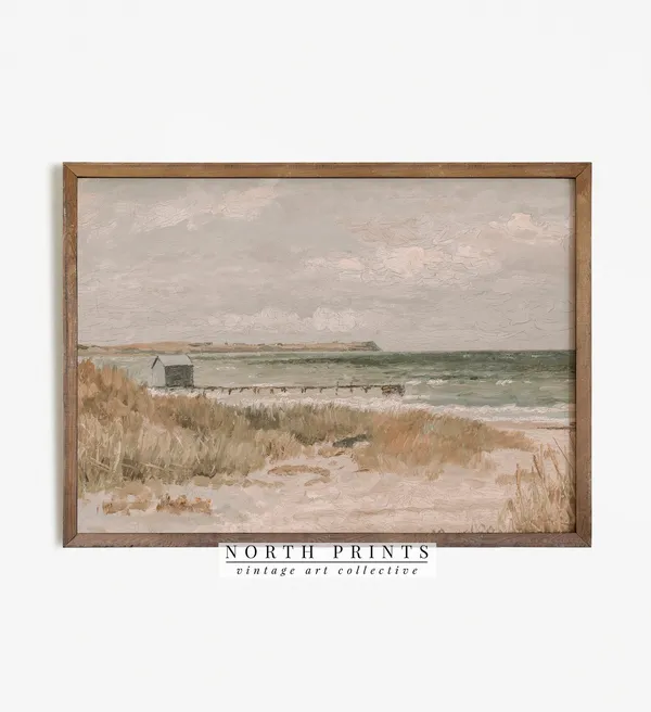 Beach House Painting, Vintage Coastal Art Print