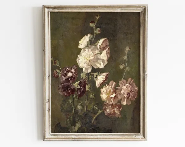 Vintage Hollyhock Flower Art Print, Farmhouse Floral