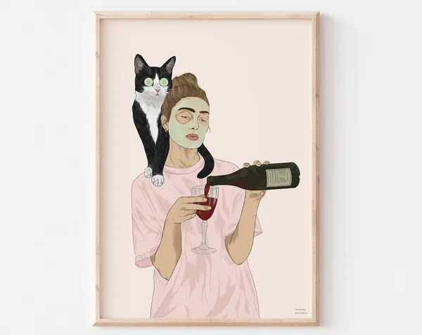 Tuxedo Cat Wine Art Print, Funny Cat Lover Gift