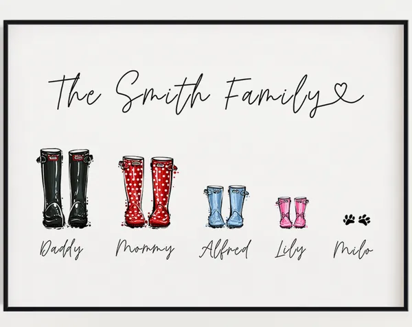 Personalized Family Welly Boot Names Art Print
