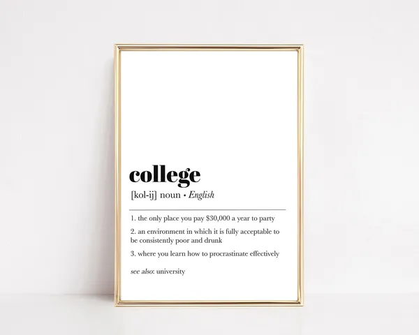 College Definition Print, Minimalist Dorm Decor