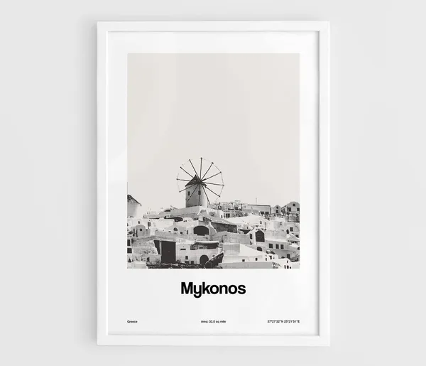 Mykonos Town Skyline Poster, Minimalist Travel Poster