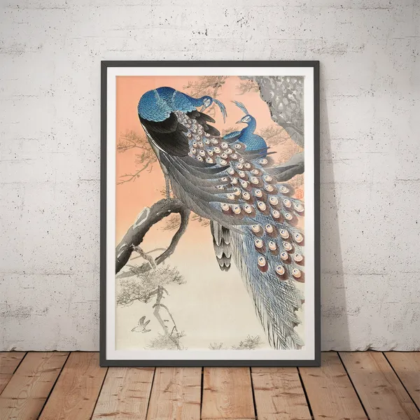 Two Peacocks on Tree Branch, Vintage Art Print