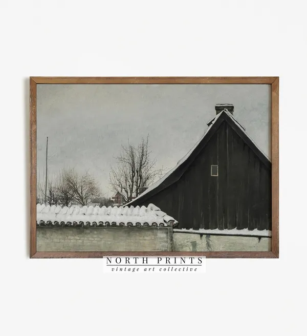 Moody Winter Farmhouse Art Print, Seasonal Decor