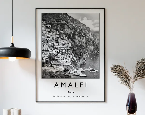 Amalfi Travel Poster, Italy Black And White Print