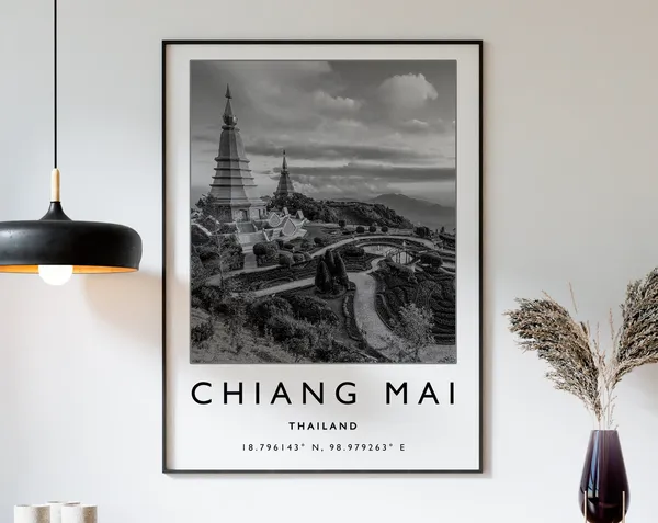 Chiang Mai Travel Poster, Black and White Travel Art