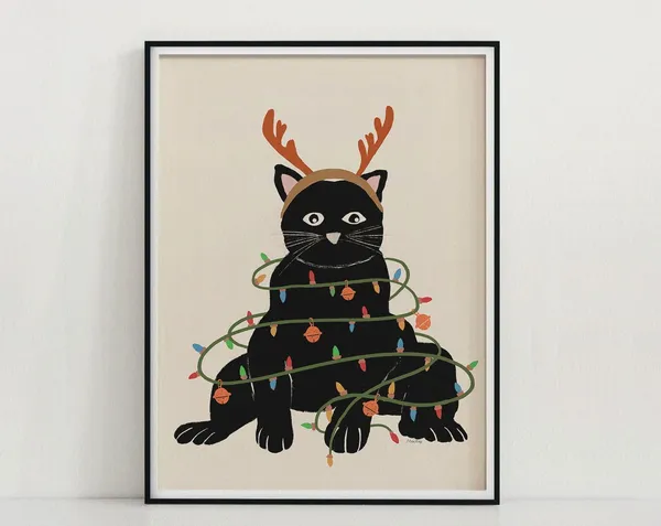 Christmas Cat Art, Reindeer Cat Christmas Print