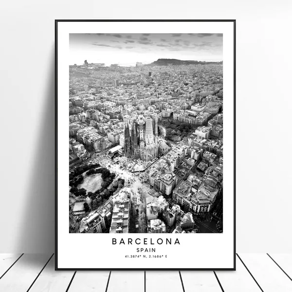 Barcelona Travel Poster, Black and White Minimalist