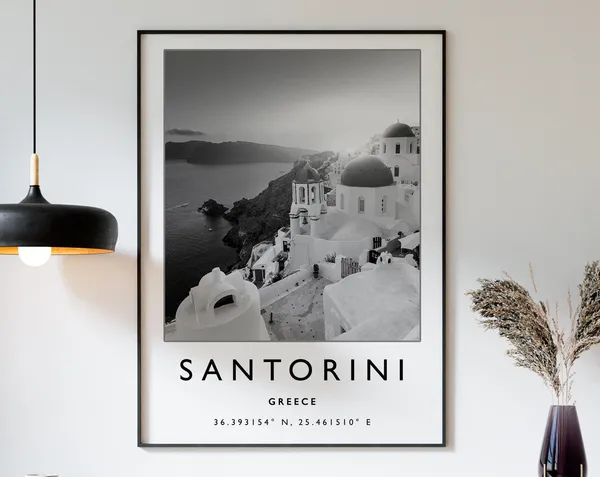 Santorini Greece Travel Poster, Black And White