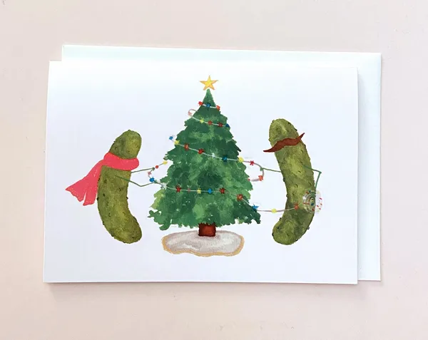 Whimsical Pickles Decorating A Christmas Tree, Art Print