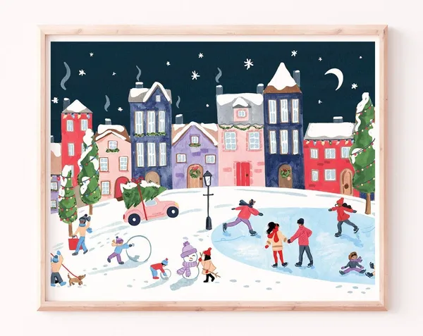 Christmas Village at Night Gouache Art Print