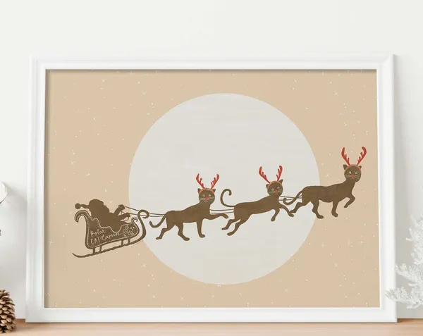 Christmas Cat Print, Neutral Reindeer Decor Art Print