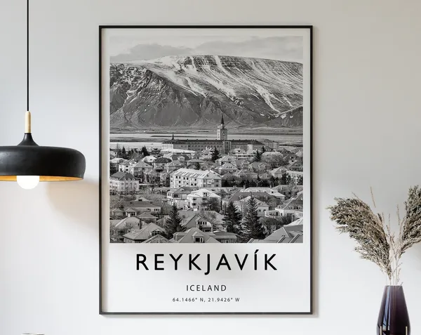 Reykjavik Travel Poster, Iceland Black and White Art
