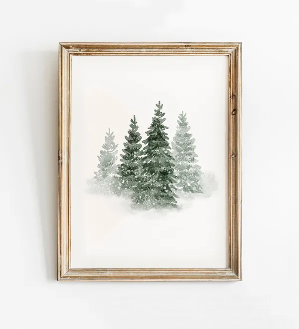 Snowy Evergreen Trees Winter Forest Watercolor Art Print