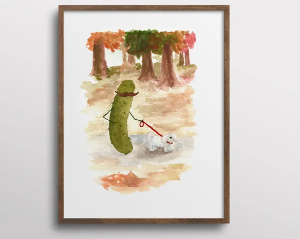 Whimsical Pickle Walking A Dog In The Park Art Print