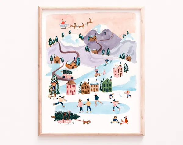 Christmas Village Holiday Watercolor Gouache Art Print