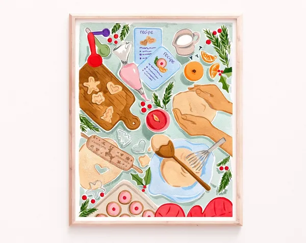 Christmas Baking Art Print, Holiday Watercolor Gouache