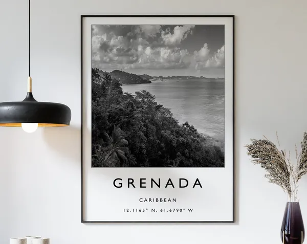 Grenada Travel Poster, Black And White Caribbean Art