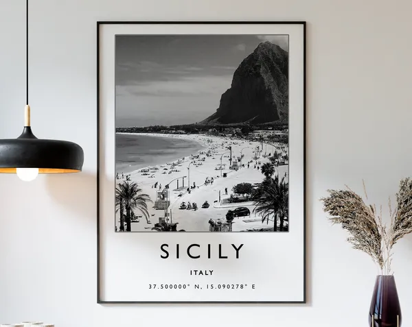 Sicily Travel Poster, Italy Black and White