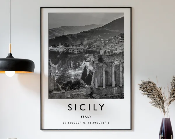 Sicily Italy Travel Poster, Black and White