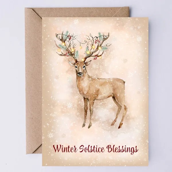 Winter Solstice Christmas Stag Watercolor Art Print