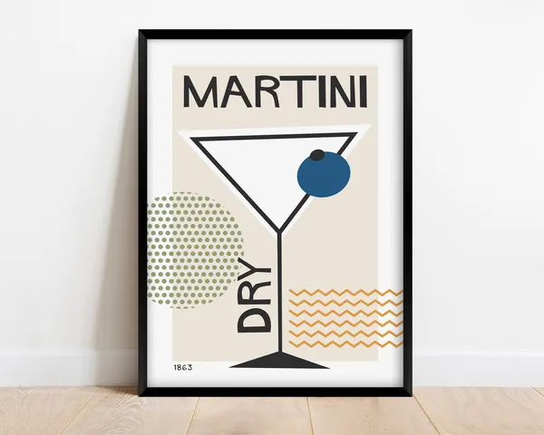 Martini Dry Cocktail Art Print, Mid-Century Retro Bar Decor