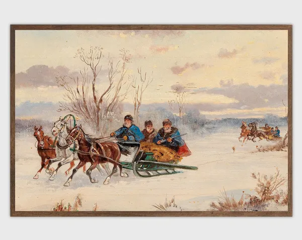 Vintage Sleigh Ride Christmas Winter Landscape Art Print