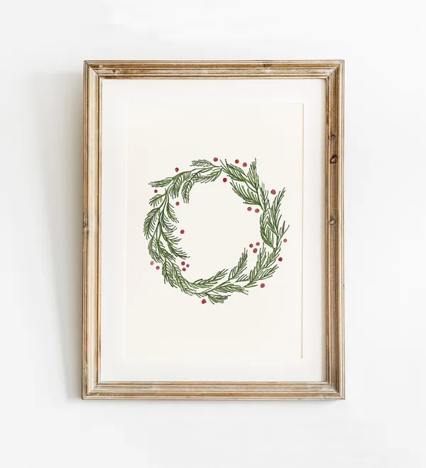 Christmas Wreath Watercolor Art Print, Winter Botanical