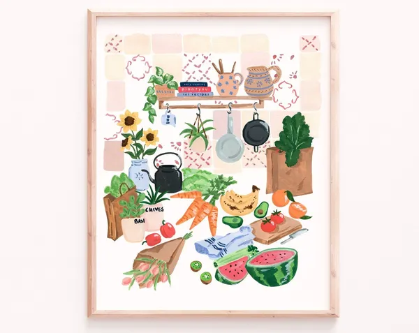 Market Haul Watercolor Art Print, Kitchen Decor
