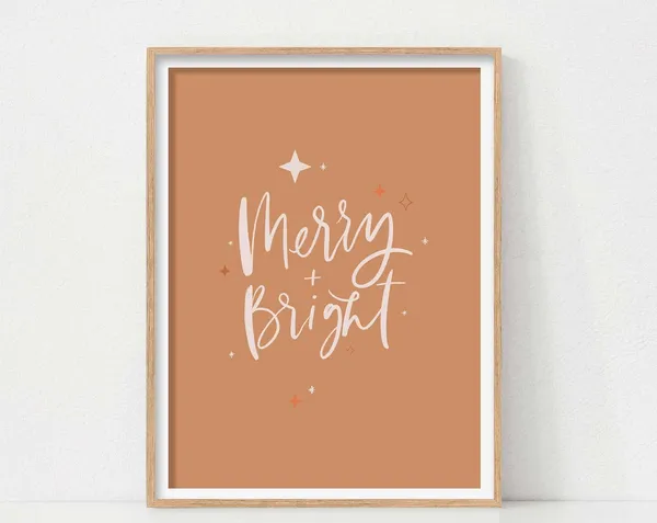 Merry And Bright Christmas Quote Art Print, Boho