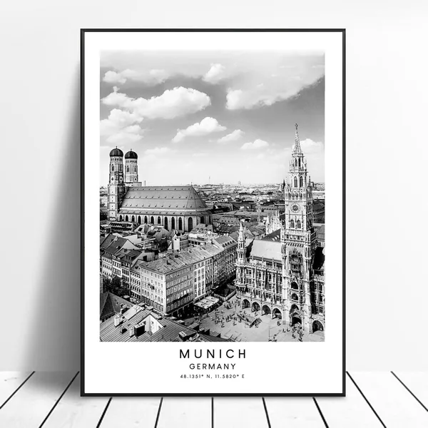 Munich Black and White Travel Art Print, Marienplatz