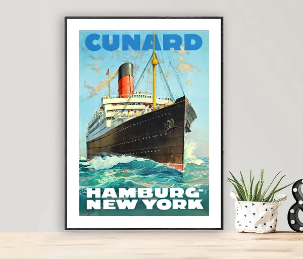 Cunard Line Hamburg New York Vintage Travel Poster