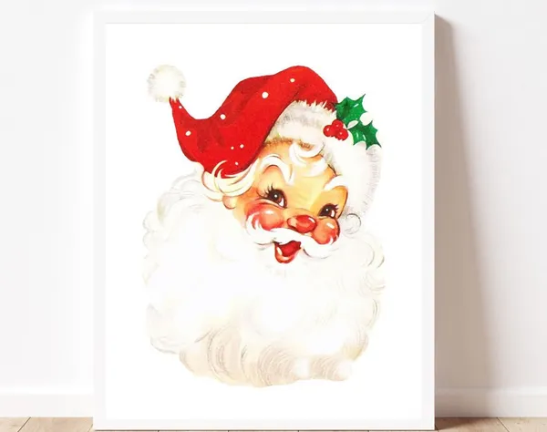 Vintage Santa Christmas Art Print, Retro Decor