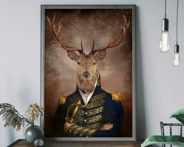 Stag Vintage Portrait, Renaissance Animal Art Print
