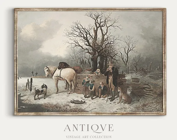 Antique Winter Family Gathering Vintage Art Print