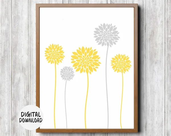 Dahlia Flower Art Print, Yellow Gray Floral Decor