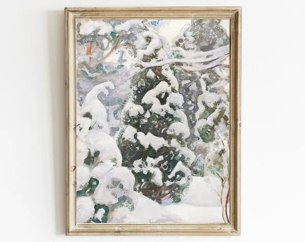 Snow Covered Pine Tree Vintage Winter Landscape Art Print