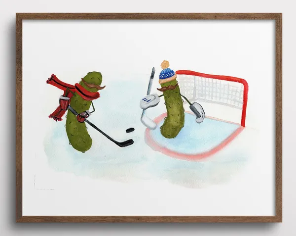 Whimsical Pickles With Mustaches Ice Hockey Art Print