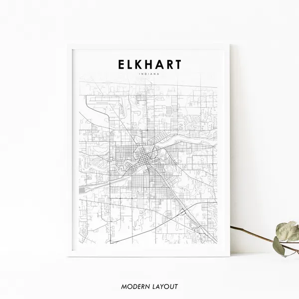 Elkhart, IN Map Print, Indiana City Street Poster